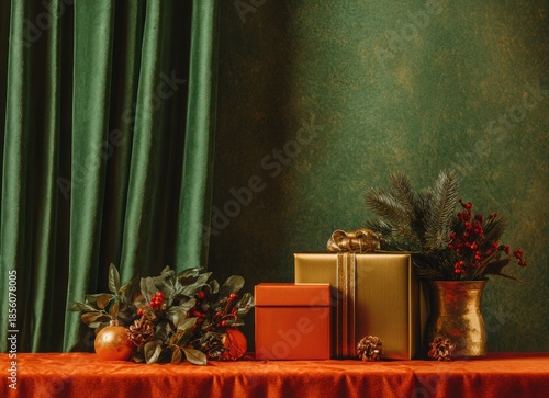 christmas gift boxes with red and green ornaments on velvet background