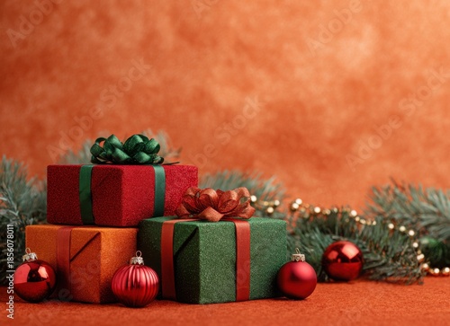 christmas gift boxes with red and green ornaments on velvet background