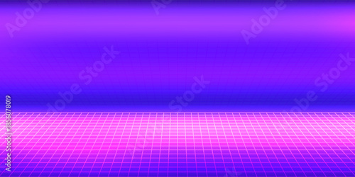 Retro futuristic grid background in purple neon style. Vector synthwave landscape with 80s cyberpunk vibe, perfect for digital designs, posters, games, or music visuals.