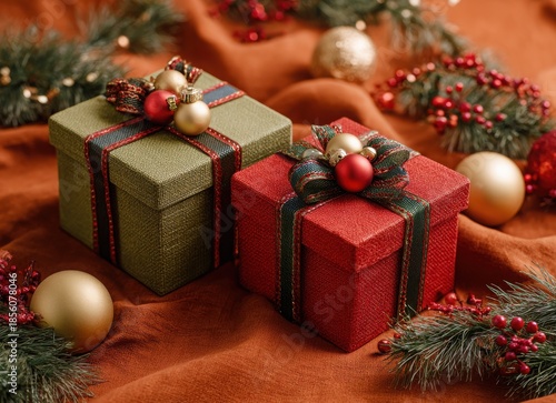 christmas gift boxes with red and green ornaments on velvet background