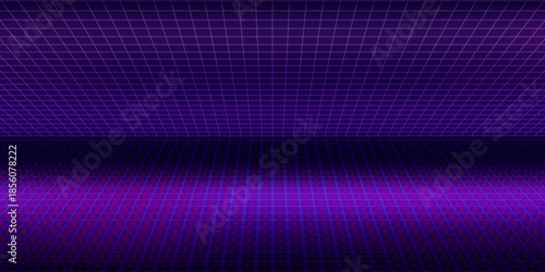Retro futuristic grid background in purple neon style. Vector synthwave landscape with 80s cyberpunk vibe, perfect for digital designs, posters, games, or music visuals.