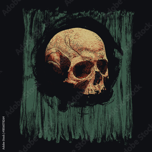 Human Skull on Green Background with Black Border