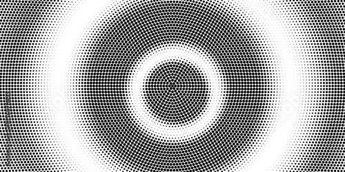 Black radial halftone circles. Dotted sound wave rings. Stippled epicenter, target, radar icon concept. Ripple concentric signal vibration element. Vector round dashed and dotted gradient pattern