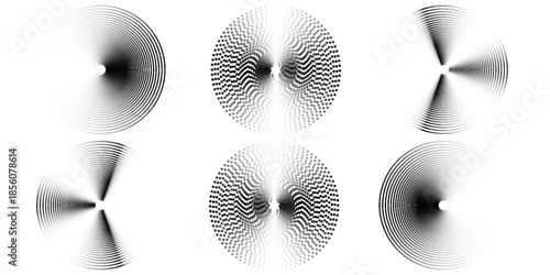 Dotted and linear sound wave signal set. Radial radio and music audio icon collection. Rippled radar vibration element sign bundle. Black curved impulse lines pack. Echo soundwave symbols. Vector