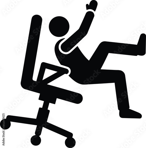 A black flat vector icon of a man falling backward from an office chair, depicting workplace accident, injury, and danger.