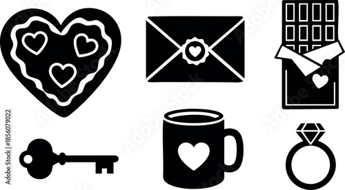 Love Symbols Collection Heart Key Mug Envelope Ring and Chocolate Vector Icons 
