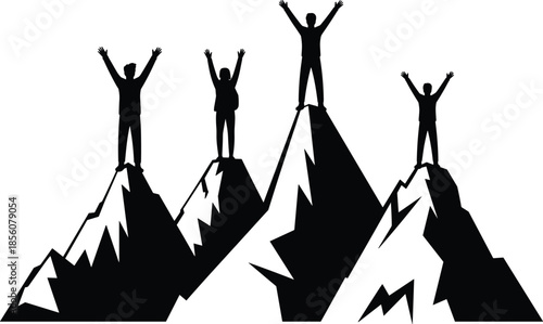 Victorious Silhouettes on Mountain Peaks – Black and White Achievement Concept for Success, Leadership, Teamwork, Motivation, and Goal-Oriented Graphic Design