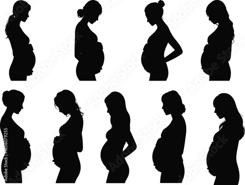Black Silhouette Vector of Diverse Pregnant Women – Maternity Profile Illustration for Motherhood, Prenatal Care, Health Education, and Family Design Themes