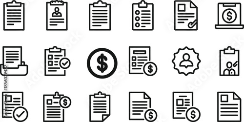 Collection of finance and money icons isolated on transparent background