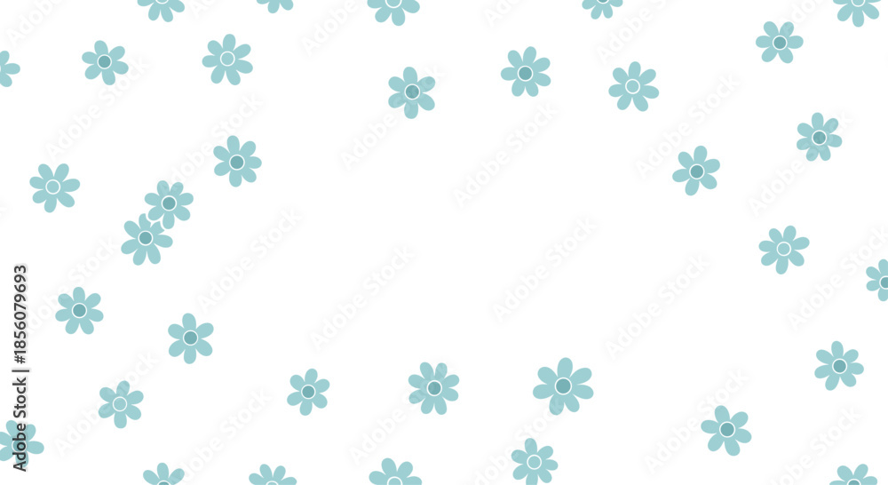 Fototapeta premium Simple and delicate seamless pattern of small light blue flowers with yellow centers scattered on a clean white background.