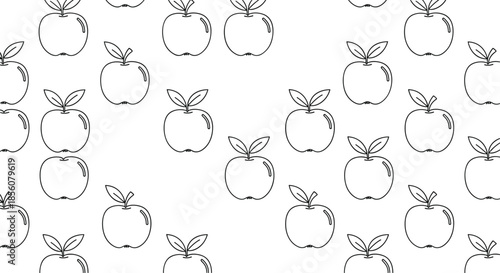 Minimalist seamless pattern featuring black outline drawings of identical apples with leaves on a clean white background for modern design.