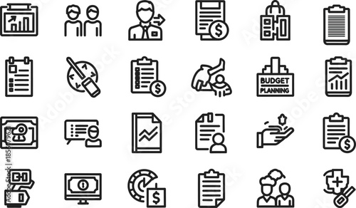 Collection of business and finance icons in a line style