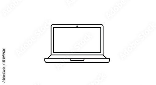 Simple black line drawing of a laptop computer with an open screen and keyboard isolated on a white background for technology concepts.