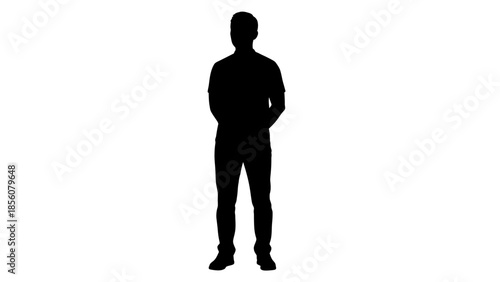 Confident silhouette of a man standing with hands behind his back on a white background