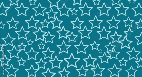 Dynamic pattern of various sized teal blue star outlines overlapping and scattered across a solid dark turquoise background for celebration.