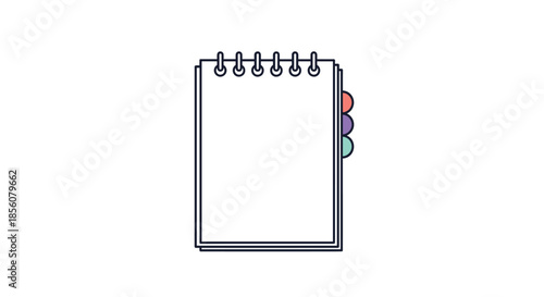 Colorful illustration of a spiral bound notebook with white pages and three colored index tabs in red purple and green on a white background.