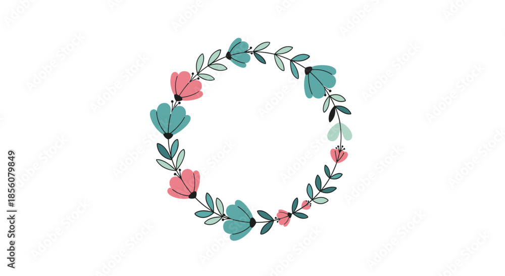 Fototapeta premium Delicate floral wreath composed of soft pink and teal blossoms with green leaves forming a perfect circle on a white backdrop.