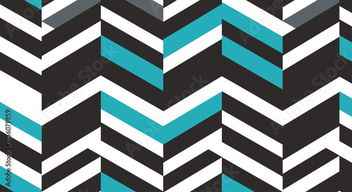Modern geometric seamless pattern with bold chevron stripes in black white and vibrant teal colors for a dynamic look.