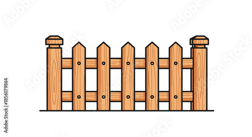 Classic wooden picket fence illustration with vertical brown planks and horizontal rails isolated on a plain white background.