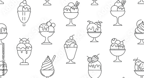 Delicious seamless pattern of various ice cream sundaes and frozen treats in black line art on a white background.