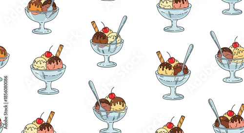Mouth-watering seamless pattern of colorful ice cream sundaes with chocolate syrup cherries and wafers on white.