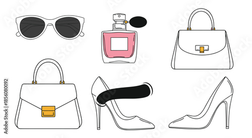Chic collection of fashion accessories including sunglasses perfume a clutch and high-heeled shoes on a white background.