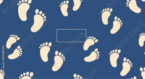Sweet seamless pattern of tiny baby footprints in a soft cream color walking across a deep navy blue background.