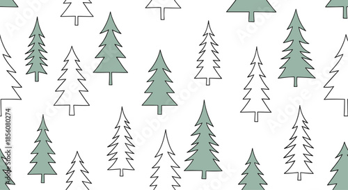 Simple and modern seamless pattern of pine trees in solid green and line art versions on a clean white background.