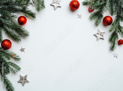 christmas frame with fir branches red baubles and white copy space