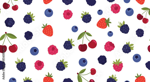 Colorful mix of various berries including strawberries blueberries raspberries and cherries in a vibrant and delicious seamless repeating pattern.