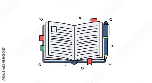 Flat design icon of an open diary or notebook with a blue pen bookmarks and decorative stars on a clean white background for stationery themes.