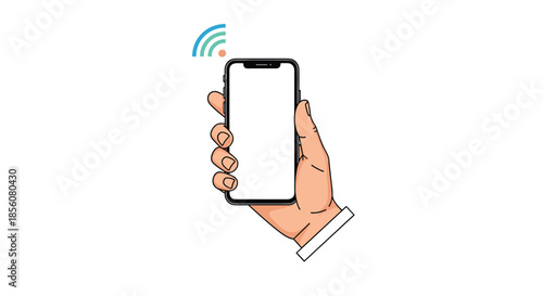 Cartoon illustration of a human hand holding a smartphone with a blank white screen and a wireless internet signal icon floating above it.