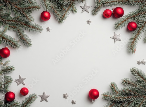 christmas frame with fir branches red baubles and white copy space