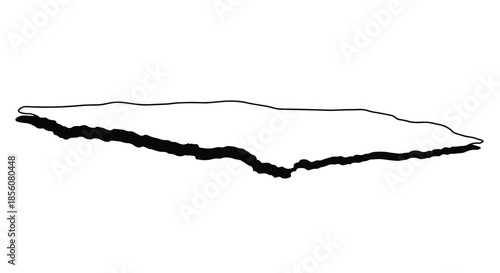 Black and white minimalist illustration of a long horizontal jagged edge or landscape land mass silhouette on a clean and plain white background.