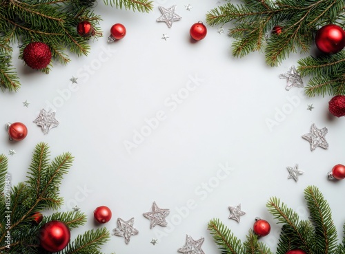 christmas frame with fir branches red baubles and white copy space