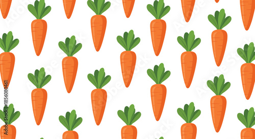 Bright and healthy vegetable pattern of whole orange carrots with green leaf tops arranged on a clean white background for culinary designs.