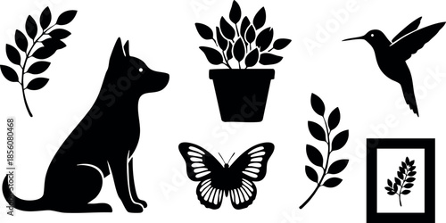 Silhouette Dog Butterfly Hummingbird and Potted Plant Vector Illustration in Black and White 