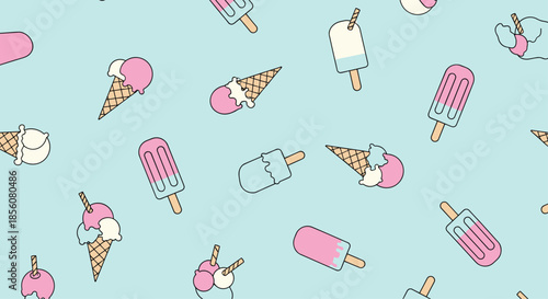 Sweet and colorful seamless pattern of various ice creams including cones and popsicles in soft pastel colors on a light blue background.