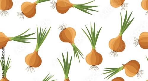 Fresh vegetable seamless pattern of whole onions with long green sprouts on a white background for grocery and culinary design projects.