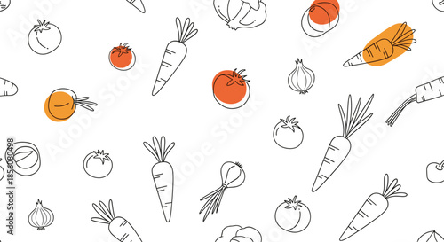 Artistic outline pattern of various vegetables including carrots and tomatoes with abstract orange color blobs on a clean white background.