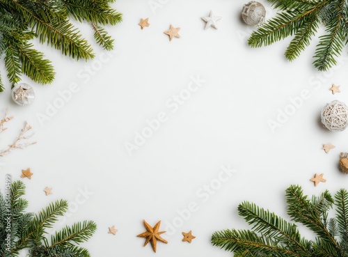 christmas frame with fir branches red baubles and white copy space