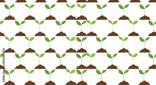 Educational nature pattern of small green plant sprouts growing out of dark soil mounds on a white background for gardening themes.