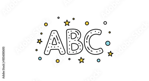 Stylized abc alphabet letters with colorful stars and circles on a clean white background for children and early childhood education.