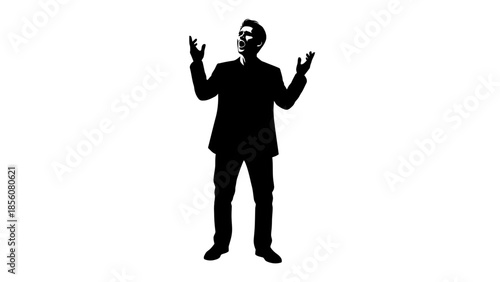 Silhouette of a confident businessman gesturing with hands in formal attire, conveying leadership and professionalism
