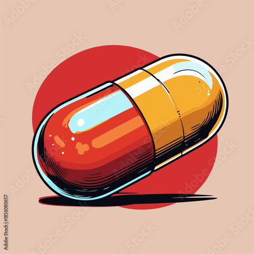 Illustration of a pill medicine, drawn in a bold American comic