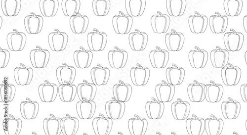 Simple and clean seamless pattern of green bell pepper outline drawings on a white background for kitchen and healthy food designs.