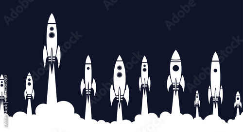 Multiple white rocket silhouettes launching into space with clouds of smoke at the bottom against a solid dark navy blue background for start up.