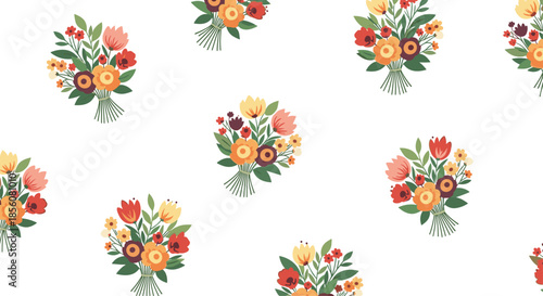 Beautiful pattern of colorful floral bouquets with various flowers in red yellow orange and green leaves scattered on a crisp white background.