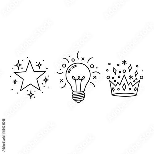 Star, light bulb, and crown doodle icons. Hand drawn symbol set representing idea, success, and quality for design element.
