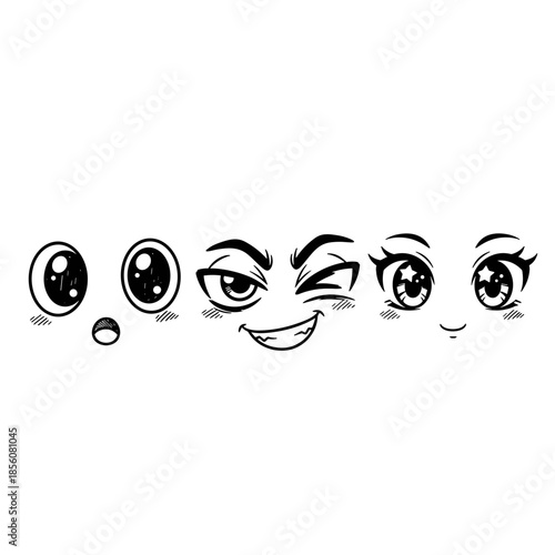 Hand drawn cartoon faces with various emotions, from wide eyed surprise to playful winking and starry-eyed adoration. Cute comic expressions for emoji design.